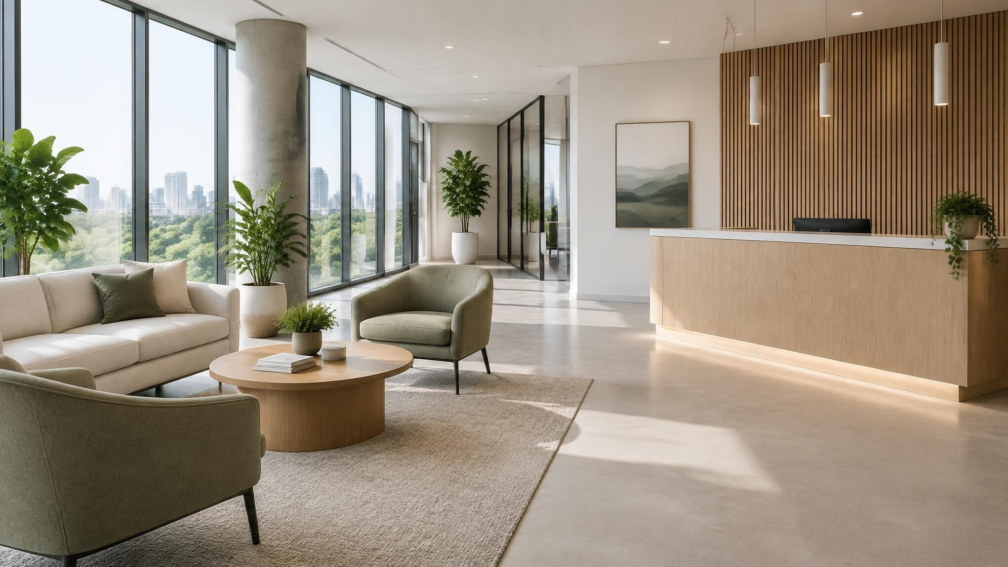 Modern office reception area with seating and plants