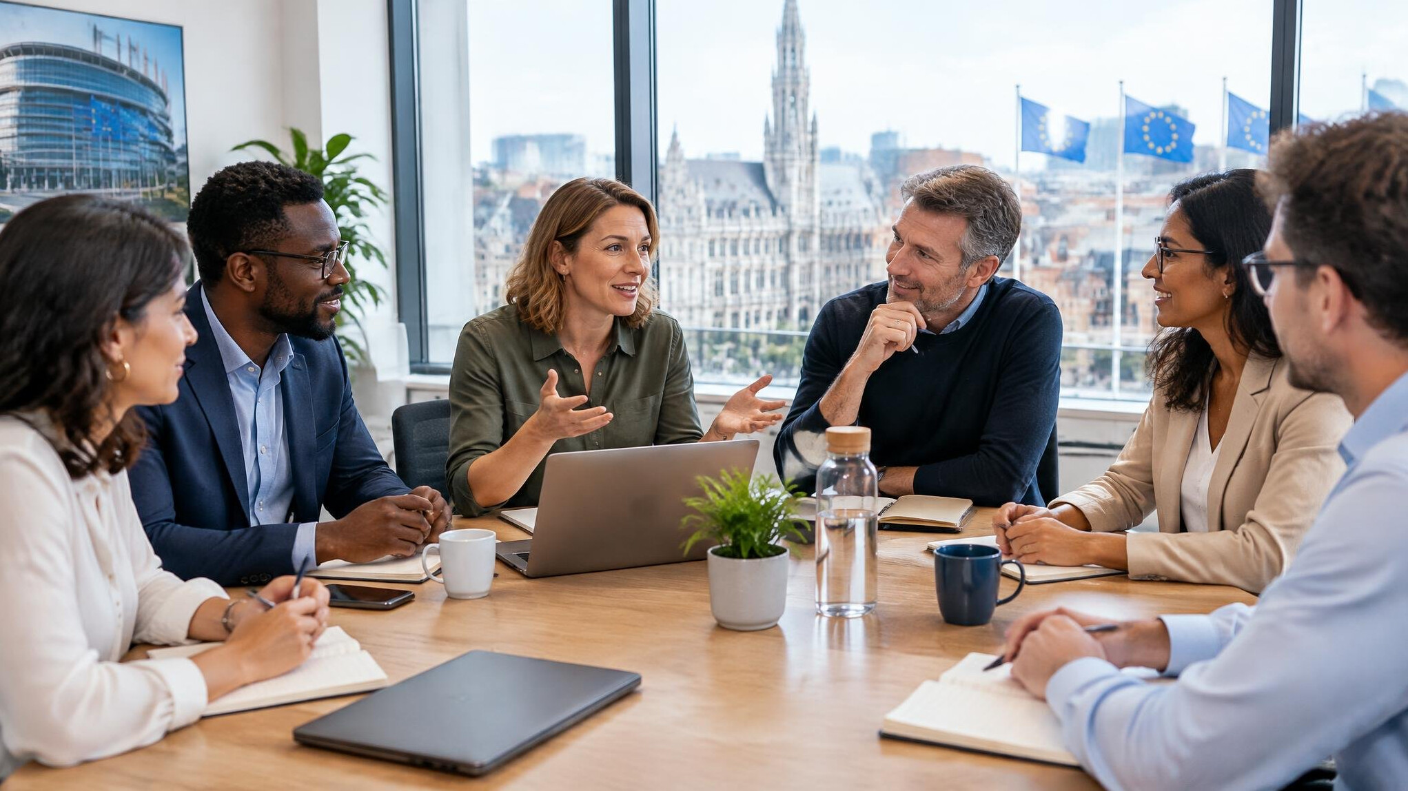 Diverse business professionals discussing around a table in a modern office